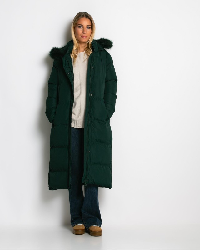 Μπουφάν μακρύ με αποσπώμενη κουκούλα κυπαρισσί