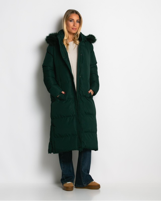 Μπουφάν μακρύ με αποσπώμενη κουκούλα κυπαρισσί