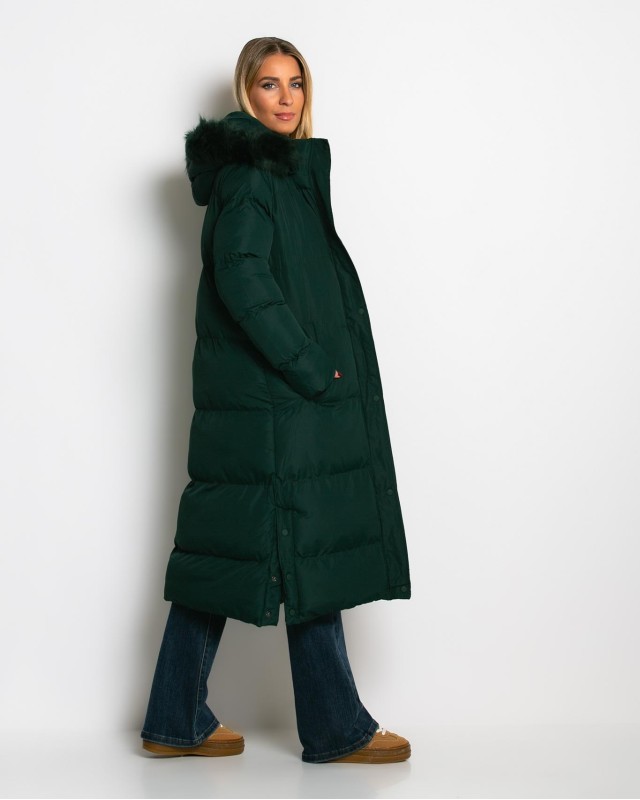 Μπουφάν μακρύ με αποσπώμενη κουκούλα κυπαρισσί