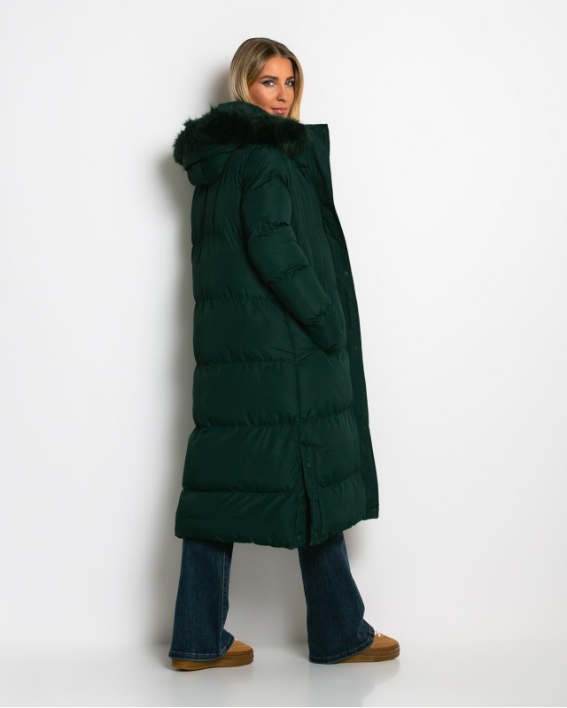 Μπουφάν μακρύ με αποσπώμενη κουκούλα κυπαρισσί