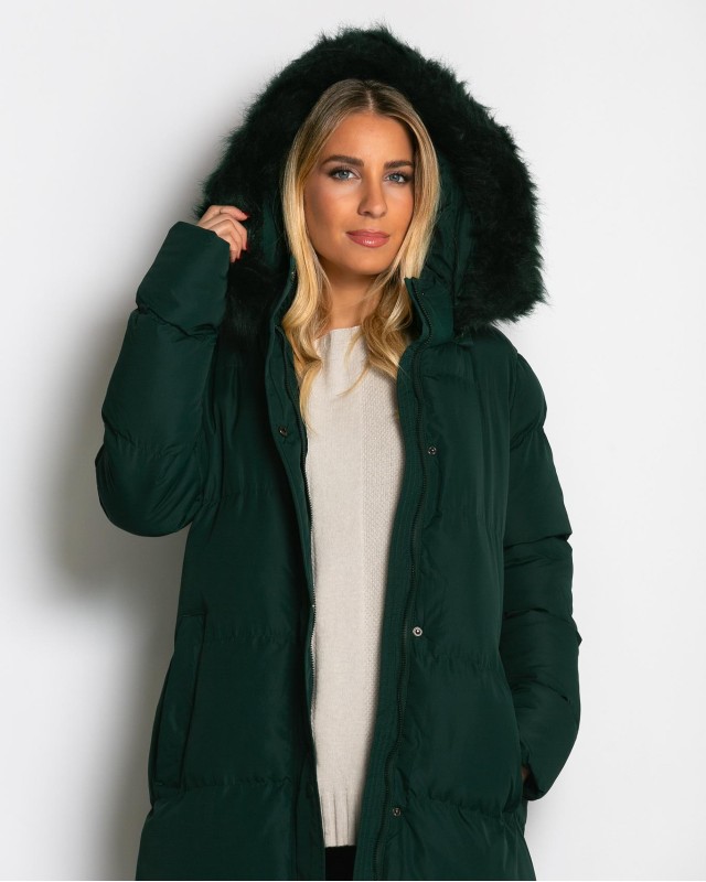 Μπουφάν μακρύ με αποσπώμενη κουκούλα κυπαρισσί