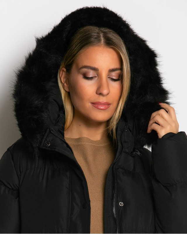 Μπουφάν μακρύ με αποσπώμενη κουκούλα μαύρο