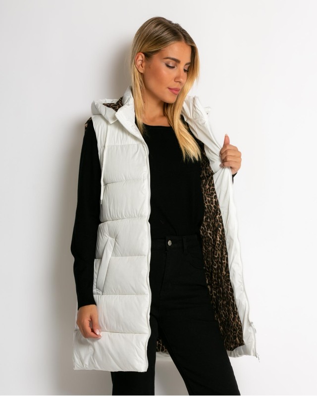 Μπουφάν αμάνικο με leopard μακρύ  λευκό