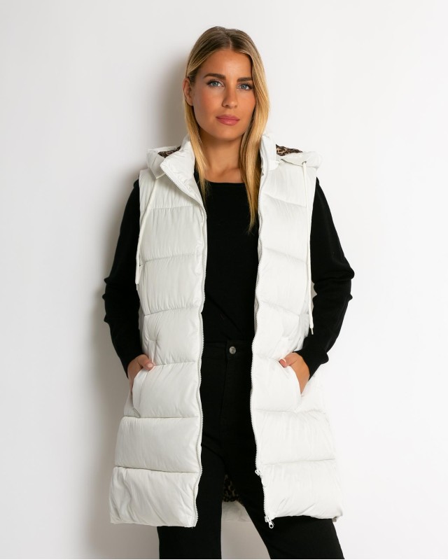 Μπουφάν αμάνικο με leopard μακρύ  λευκό