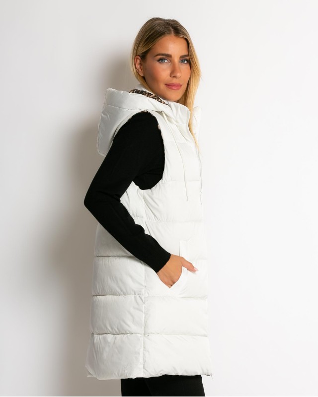 Μπουφάν αμάνικο με leopard μακρύ  λευκό