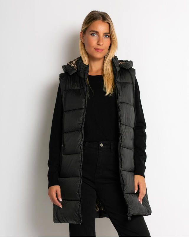 Μπουφάν αμάνικο με leopard μακρύ μαύρο