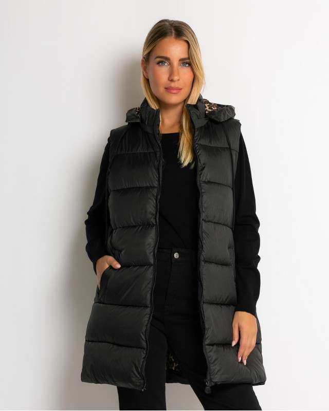 Μπουφάν αμάνικο με leopard μακρύ μαύρο