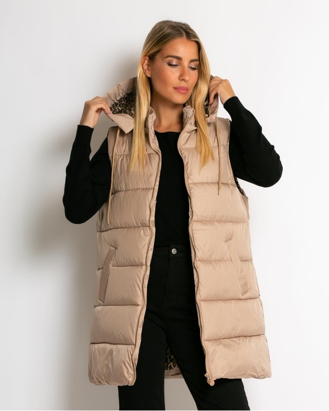 Μπουφάν αμάνικο με leopard μακρύ μπεζ