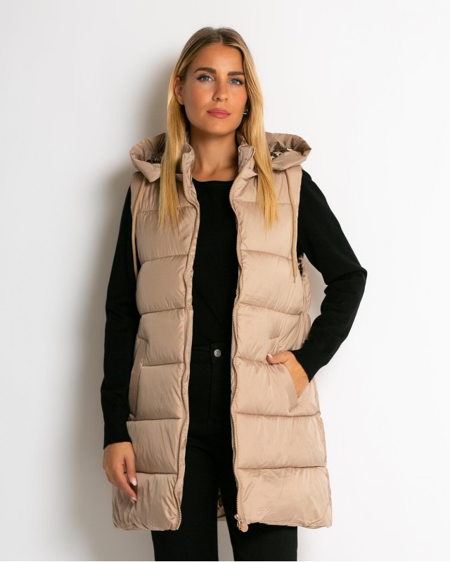 Μπουφάν αμάνικο με leopard μακρύ μπεζ