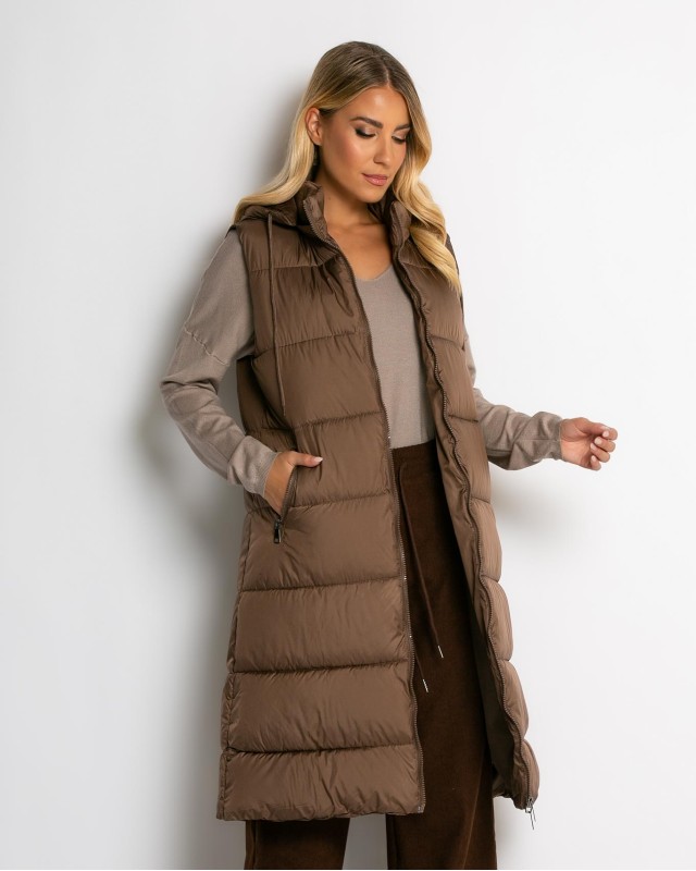 Μπουφάν αμάνικο μακρύ με αποσπώμενη κουκούλα καφέ