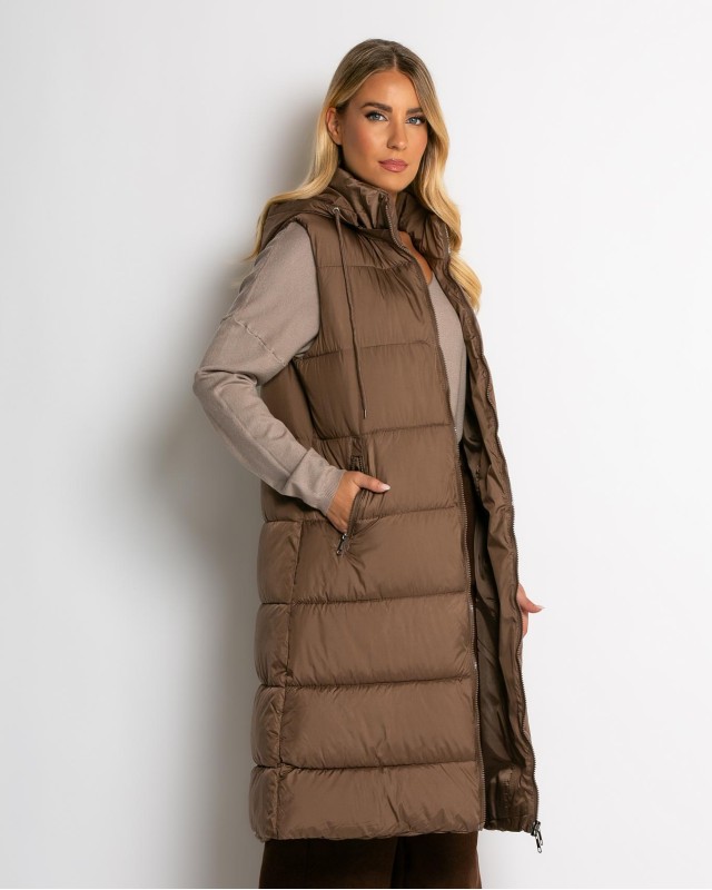 Μπουφάν αμάνικο μακρύ με αποσπώμενη κουκούλα καφέ