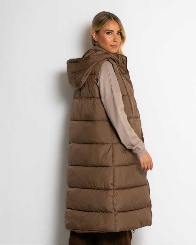 Μπουφάν αμάνικο μακρύ με αποσπώμενη κουκούλα καφέ