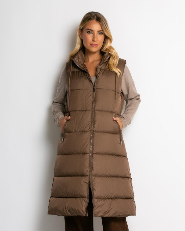 Μπουφάν αμάνικο μακρύ με αποσπώμενη κουκούλα καφέ