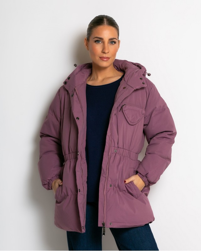Μπουφάν με κουκούλα και λάστιχο στη μέση λιλά