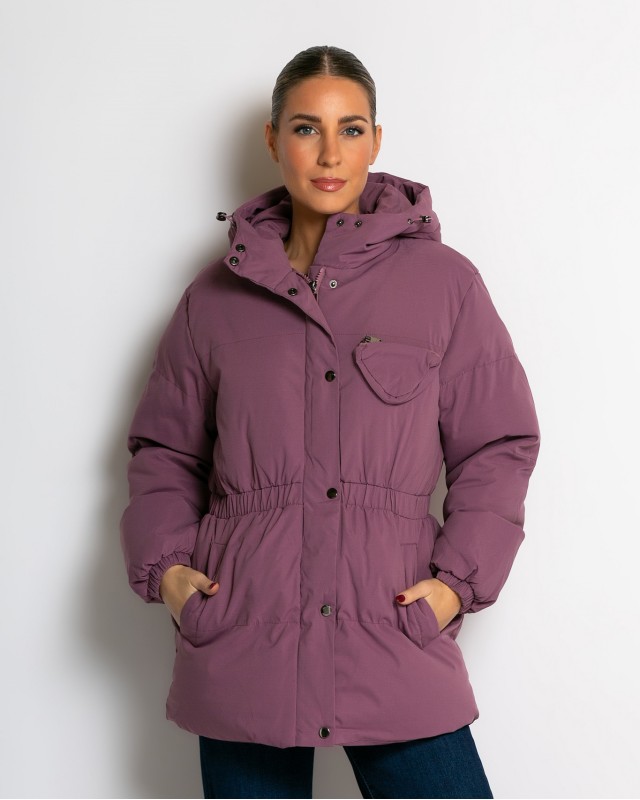 Μπουφάν με κουκούλα και λάστιχο στη μέση λιλά