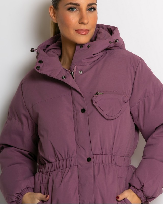 Μπουφάν με κουκούλα και λάστιχο στη μέση λιλά
