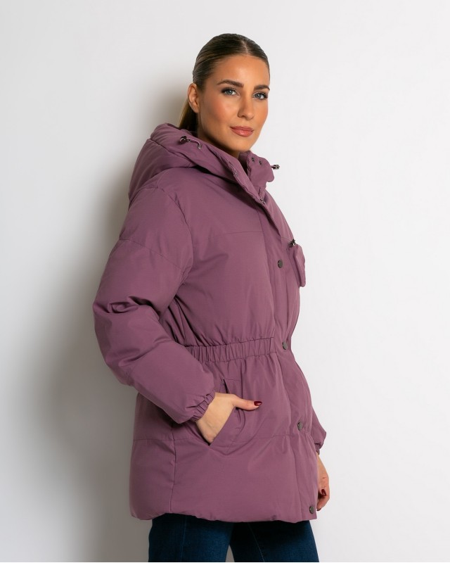 Μπουφάν με κουκούλα και λάστιχο στη μέση λιλά