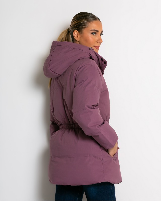 Μπουφάν με κουκούλα και λάστιχο στη μέση λιλά