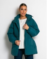 Μπουφάν με κουκούλα και λάστιχο στη μέση πετρόλ