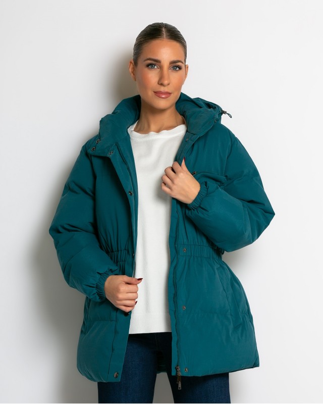 Μπουφάν με κουκούλα και λάστιχο στη μέση πετρόλ