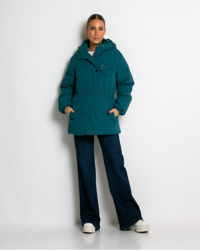 Μπουφάν με κουκούλα και λάστιχο στη μέση πετρόλ