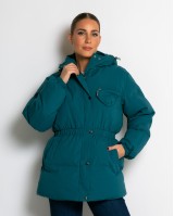 Μπουφάν με κουκούλα και λάστιχο στη μέση πετρόλ