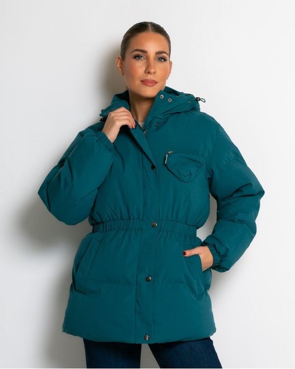 Μπουφάν με κουκούλα και λάστιχο στη μέση πετρόλ