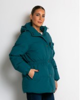 Μπουφάν με κουκούλα και λάστιχο στη μέση πετρόλ