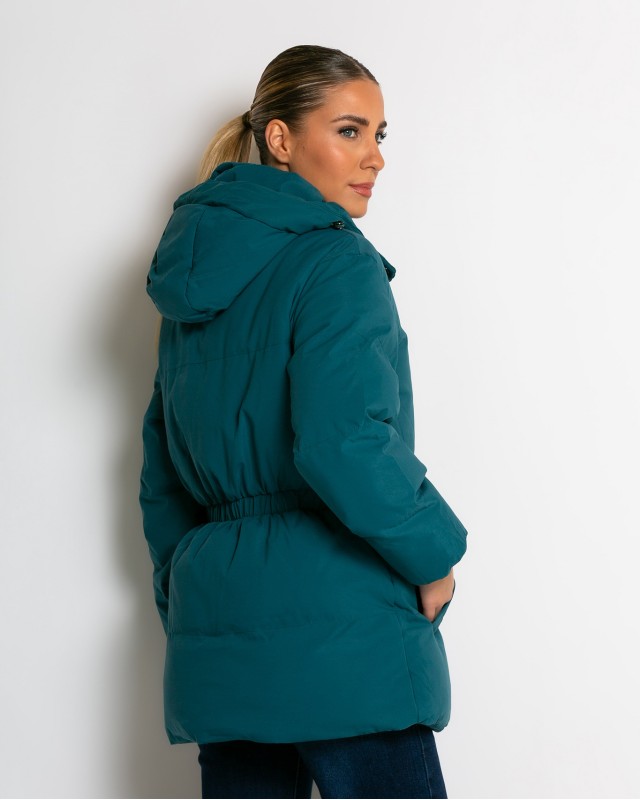 Μπουφάν με κουκούλα και λάστιχο στη μέση πετρόλ