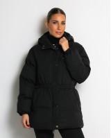 Μπουφάν με κουκούλα και λάστιχο στη μέση μαύρο