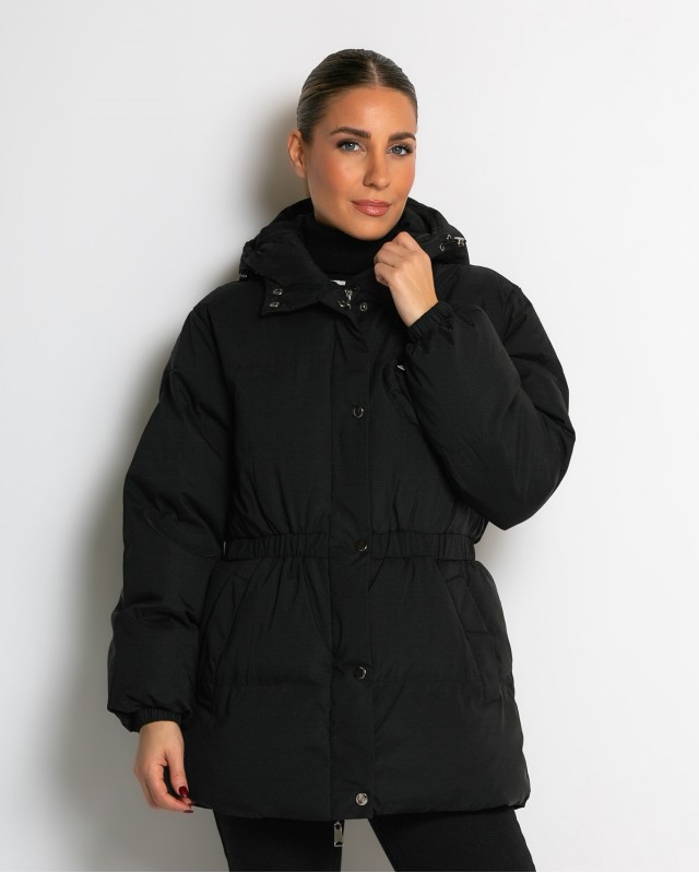 Μπουφάν με κουκούλα και λάστιχο στη μέση μαύρο