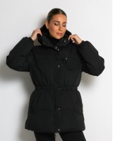 Μπουφάν με κουκούλα και λάστιχο στη μέση μαύρο