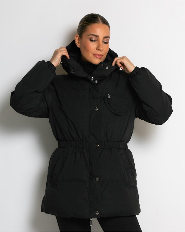 Μπουφάν με κουκούλα και λάστιχο στη μέση πετρόλ