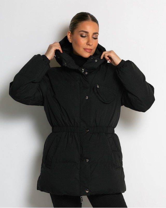 Μπουφάν με κουκούλα και λάστιχο στη μέση μαύρο