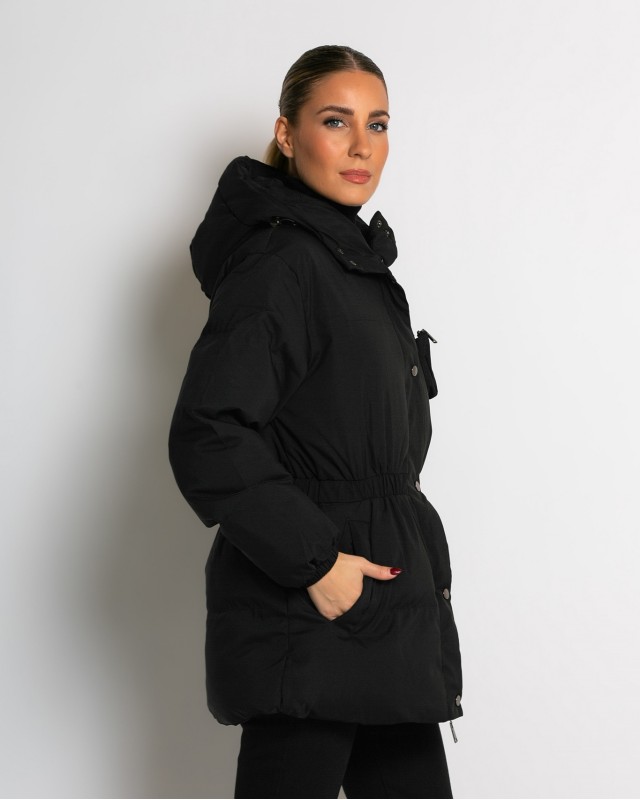 Μπουφάν με κουκούλα και λάστιχο στη μέση μαύρο