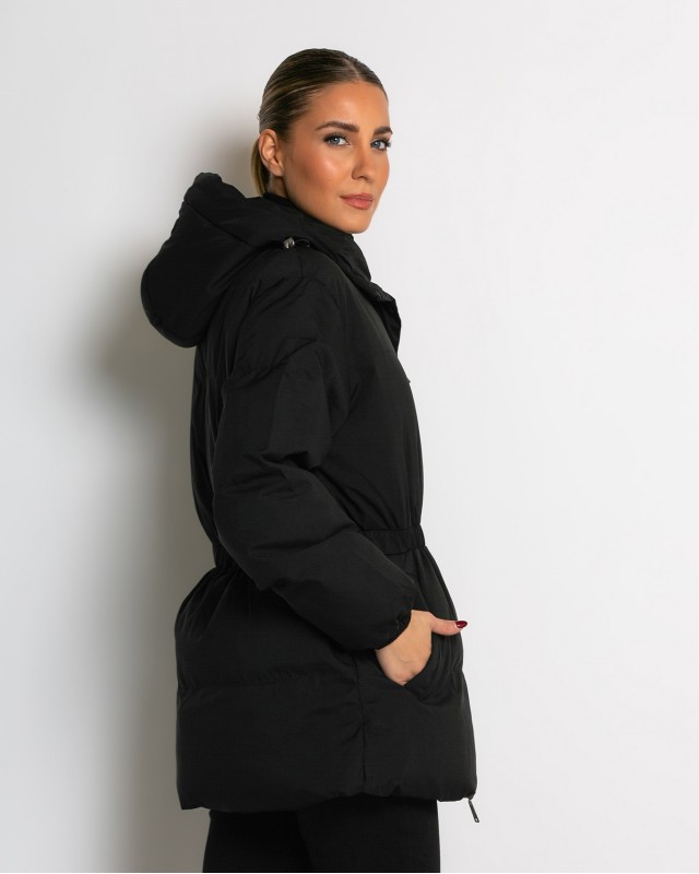 Μπουφάν με κουκούλα και λάστιχο στη μέση μαύρο