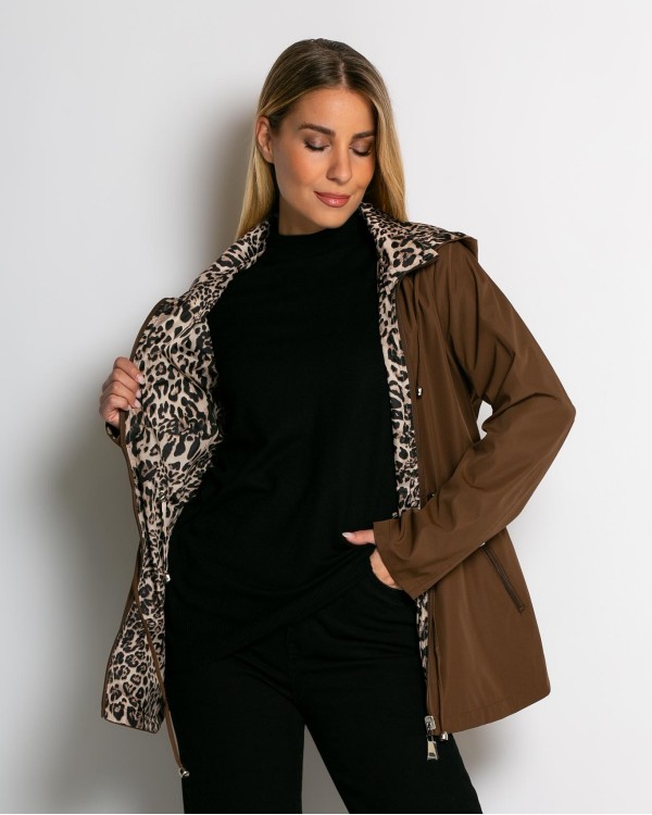 Μπουφάν double face με λάστιχο στη μέση leopard μαύρο