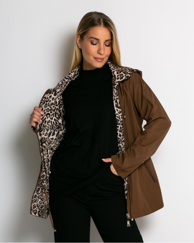 Μπουφάν double face με λάστιχο στη μέση leopard καφέ