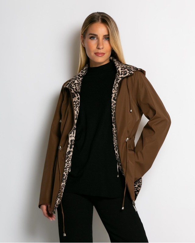Μπουφάν double face με λάστιχο στη μέση leopard καφέ