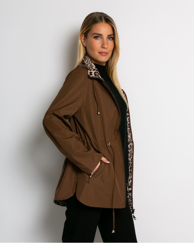 Μπουφάν double face με λάστιχο στη μέση leopard καφέ