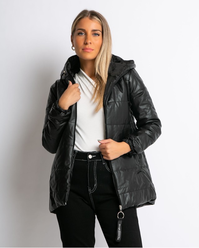 Μπουφάν με μακρύ μανίκι και κουκούλα δερματίνη μαύρο