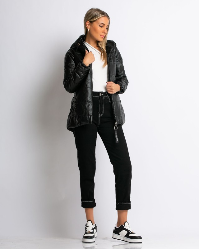 Μπουφάν με μακρύ μανίκι και κουκούλα δερματίνη μαύρο