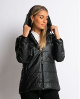 Μπουφάν με μακρύ μανίκι και κουκούλα δερματίνη μαύρο