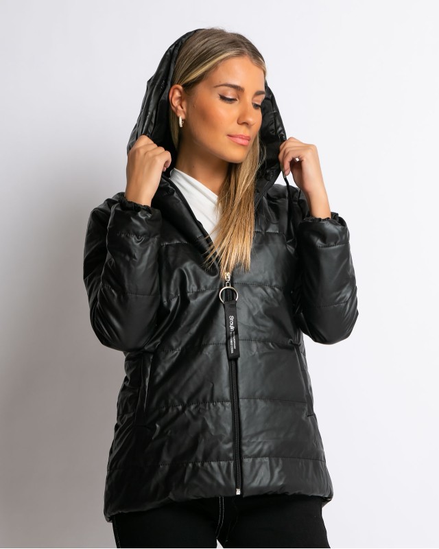 Μπουφάν με μακρύ μανίκι και κουκούλα δερματίνη μαύρο