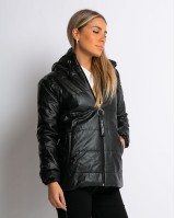 Μπουφάν με μακρύ μανίκι και κουκούλα δερματίνη μαύρο