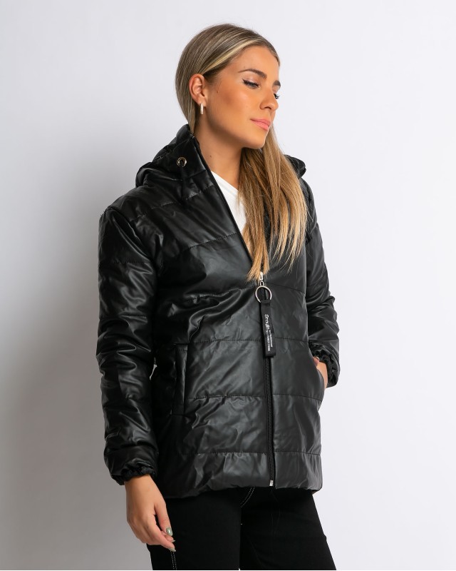 Μπουφάν με μακρύ μανίκι και κουκούλα δερματίνη μαύρο