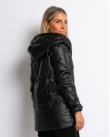 Μπουφάν με μακρύ μανίκι και κουκούλα δερματίνη μαύρο