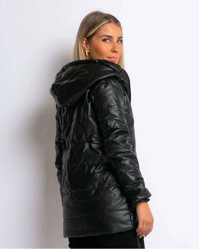 Μπουφάν με μακρύ μανίκι και κουκούλα δερματίνη μαύρο