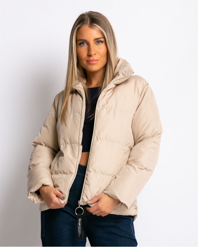 Μπουφάν puffer με τσέπες μπεζ