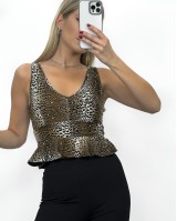 Crop top λεοπάρ με βολάν στο τελείωμα καφέ